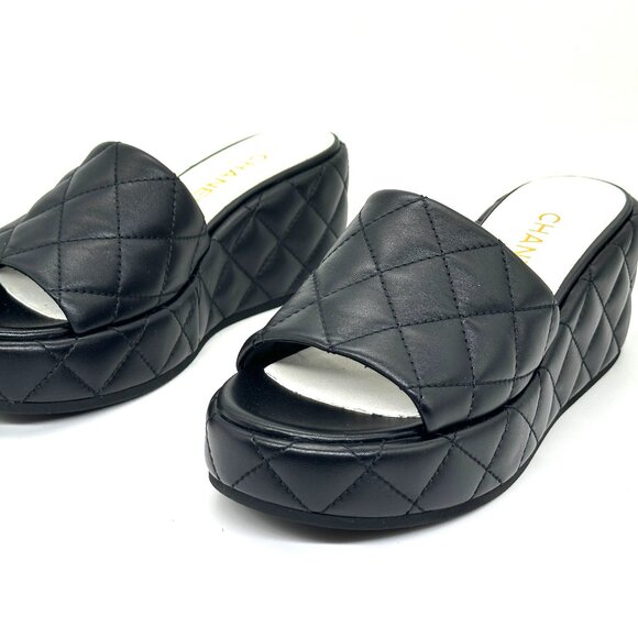 CHANEL 24P Quilted Leather Open Toe Wedge Heel Mule Slide Platform Sandal - Picture 12 of 15